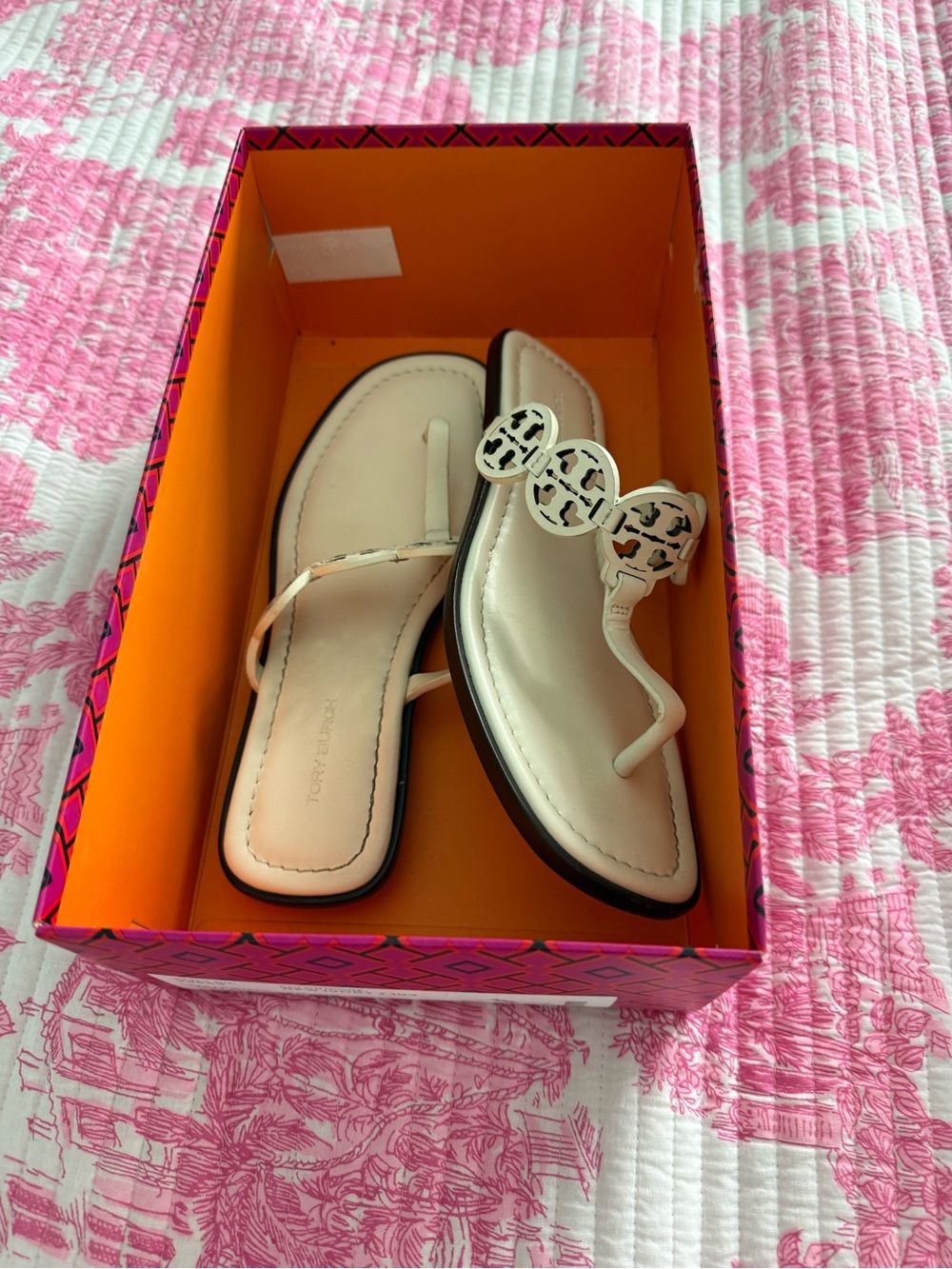 Tory Burch Cream Miller Logo Thong Sandals in box